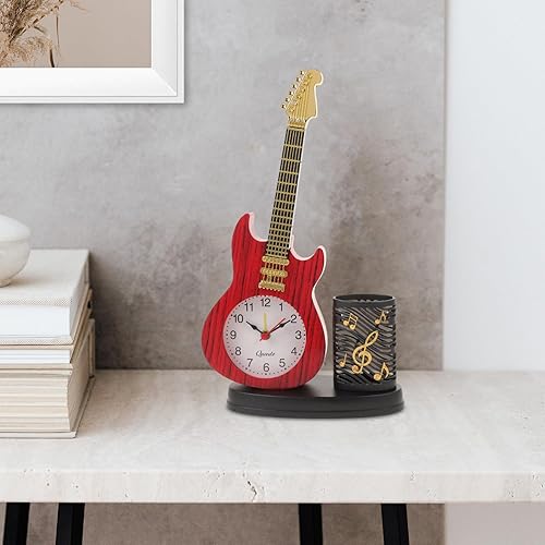 Miniatura 5 de Garneck Soporte para lápices, reloj despertador de guitarra, reloj despertador de violín de mesa, con soporte para bolígrafo, figura de instrumento