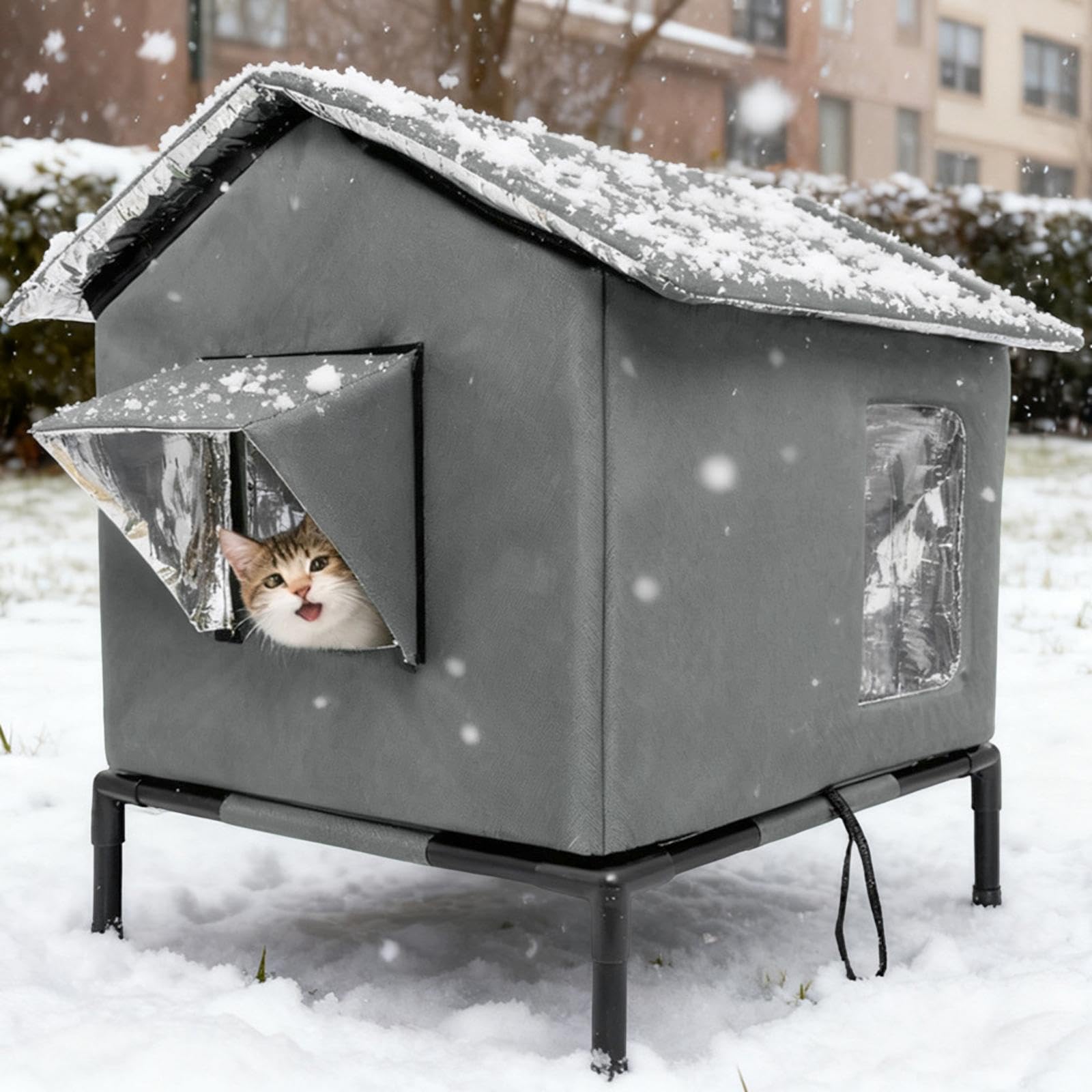 Niche pour Chat d'extérieur, abri Portable et étanche avec Support surélevé pour Porche ou Grange, Gris Foncé, L