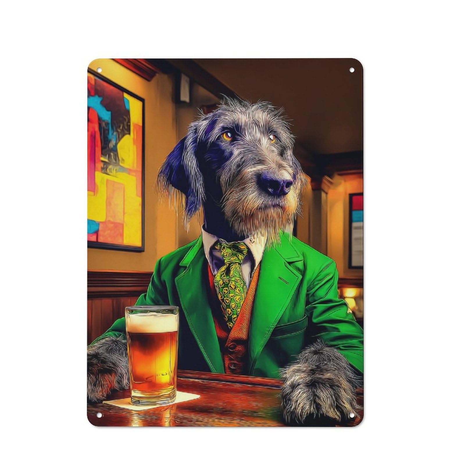 Junmoney Dog In Suit Enjoying Beer At Pub -1 Classic Metal Wall Decor 40X30cm, Decorative Tin Plaque For Cafe, Pub, Workshop Or Home Bar
