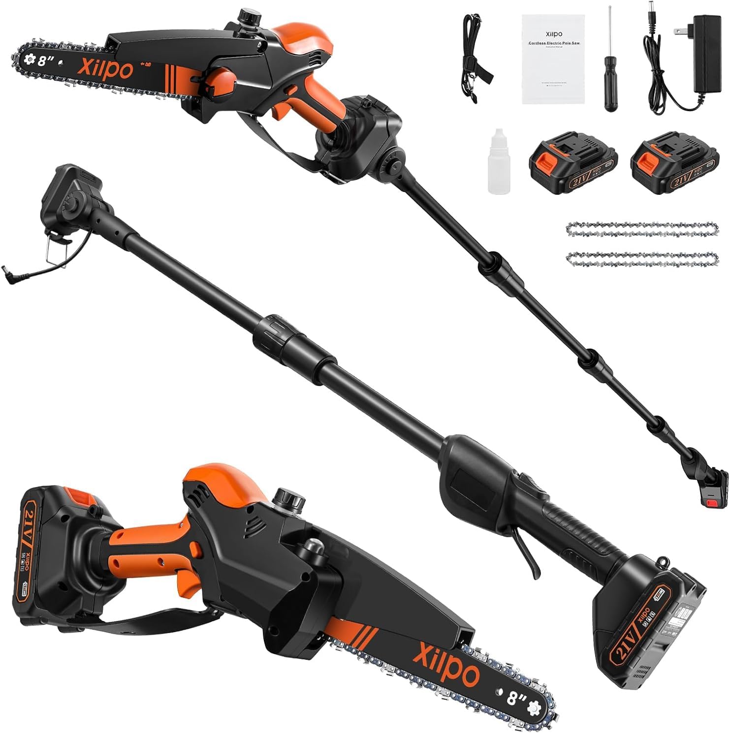 Xilpo 2-in-1 Cordless Pole Saw,8 Inch Electric Brushless Mini Chainsaw with 2 x 21V Battery, Pole Saw for Tree Trimming,15 FT Max Extension Portable Pole Saws for Tree Branches Wood Cutting
