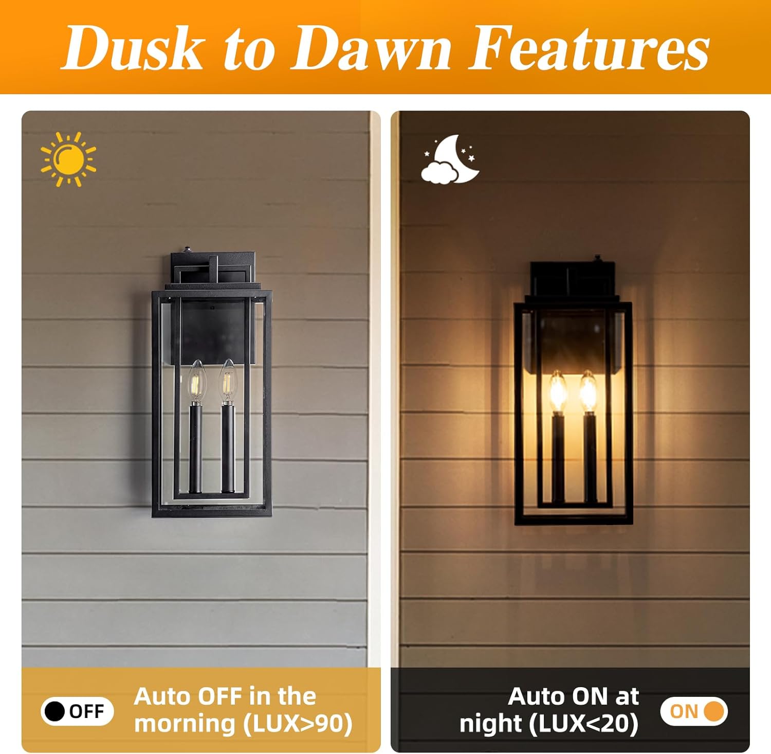 Dusk to Dawn Outdoor Wall Sconce Waterproof Wall Lantern 2-Lights, 20" Large Outside Modern Wall Mount Light, Exterior Matte Black Porch Light with Glass for House Patio Garage, 1-Pack