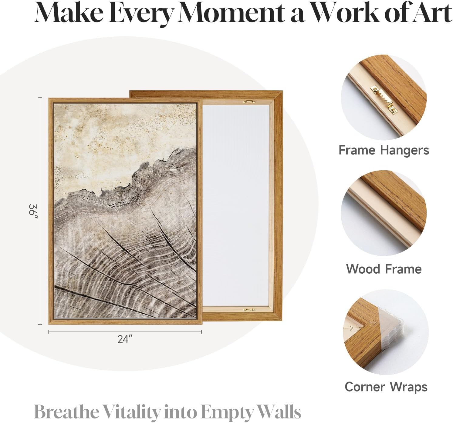 3 Piece Framed Neutral Tree Ring Canvas Wall Art Set, Large Vintage Rustic Farmhouse Wood Stump Prints Paintings, Modern Nature Artwork Decor for Living Room Bedroom Office 24x36 Inch