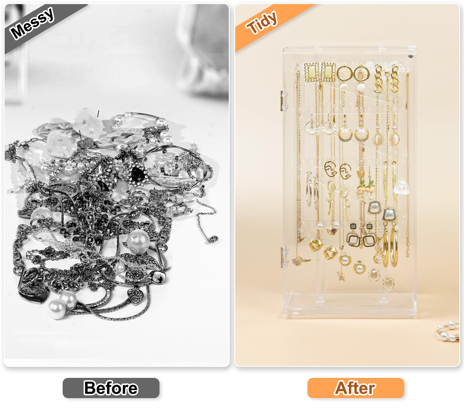 Jenseits Acrylic Necklace holder Earring Organizer, Dustproof Rotating Jewelry Holder Organizer Box, 24 Hooks Long Necklaces & 108 Holes Earring Storage Display Stand Case Rack, Gift For Women Girls