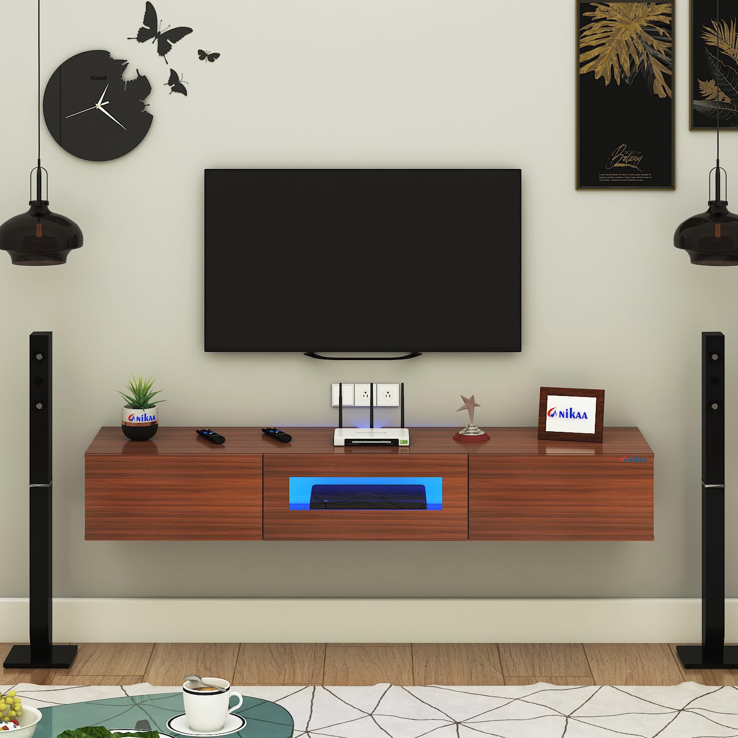 Anikaa Lucen Wall Mount Modern Floating TV Unit for Living Room | 3 Closed Storage cabinets with hinged Door – Blue Color LED Light | Ideal for UP to 65 Inch TV (Walnut Finish – DIY Installation) Anikaa Lucen Wall Mount Modern Floating TV Unit for Living Room | 3 Closed Storage cabinets with hinged Door – Blue Color LED Light | Ideal for UP to 65 Inch TV (Walnut Finish – DIY Installation)