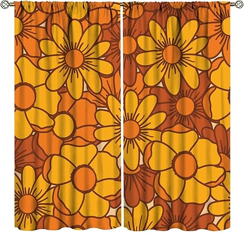 Cortinas opacas inspiradas en los años 70, bonitas flores marrones y amarillas, con bolsillo para barra, para dormitorio, sala de estar, cocina,