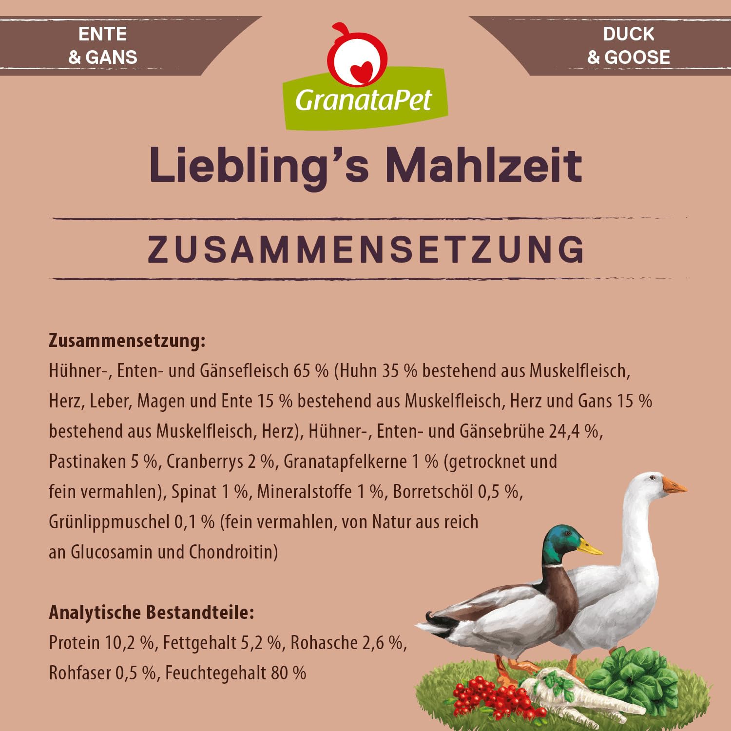 GranataPet Liebling's Mahlzeit kaczka i gęś, mokra karma dla psów, karma dla psów bez zbóż i bez dodatków cukru, mieszanka paszowa pełnoporcjowa, 12 x 800 g