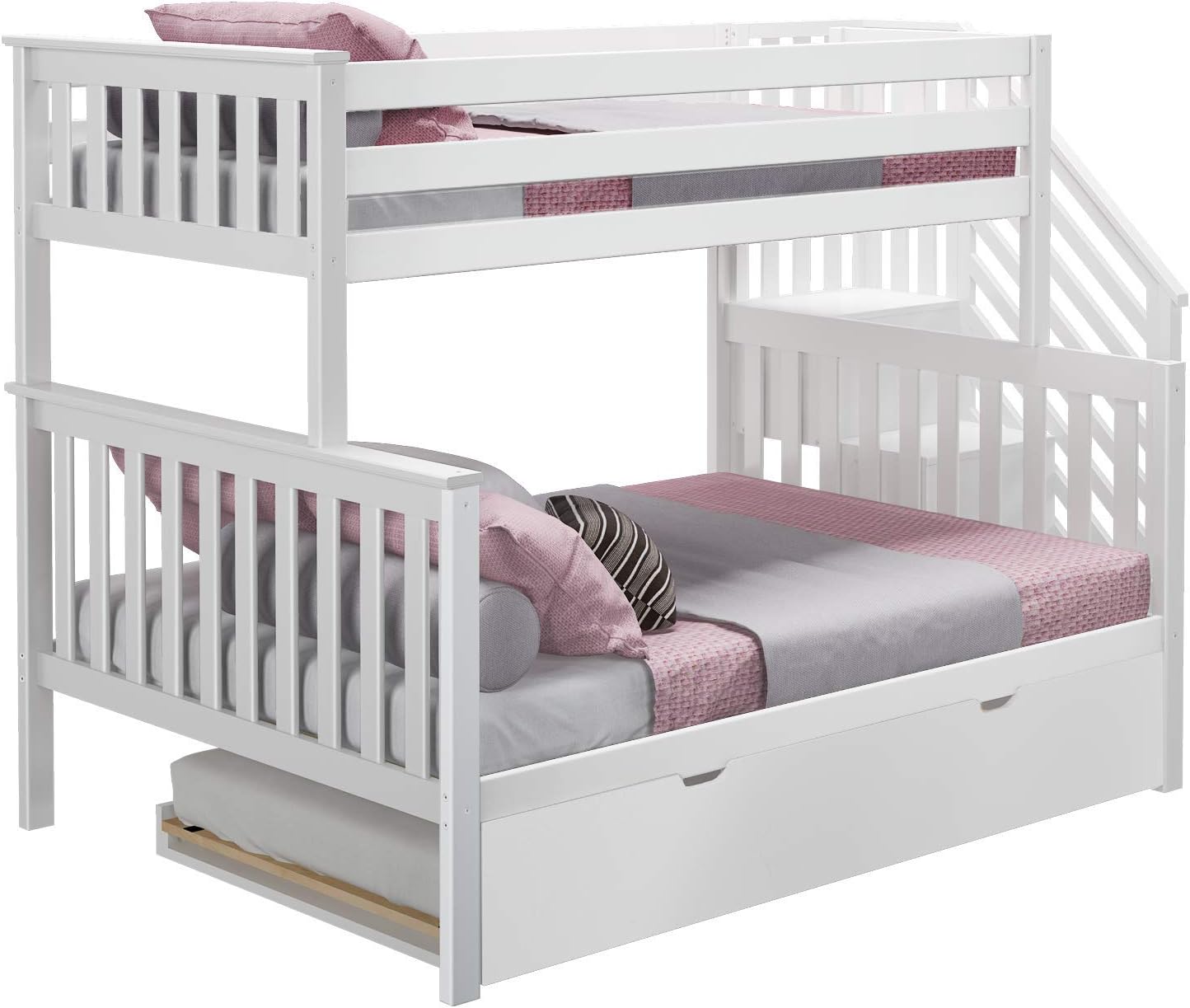 Max & Lily Bunk Bed, Twin-Over-Full Bed Frame For Kids With Stairs and Trundle, White