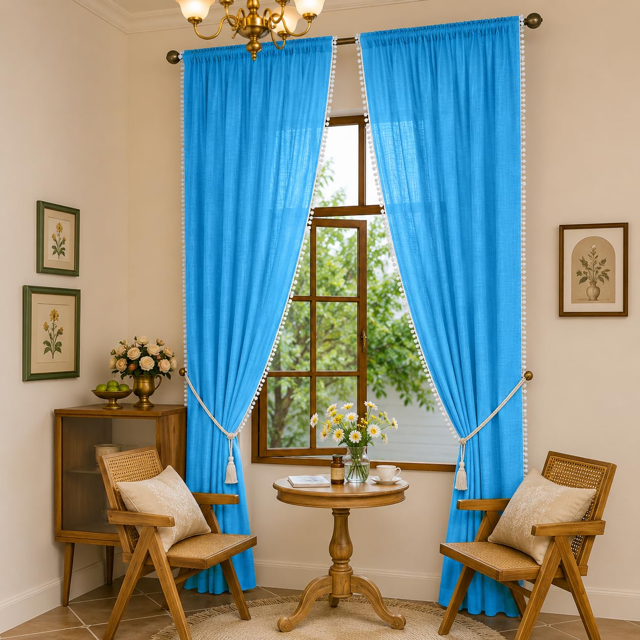 THE LINEN COMPANY Net Curtains Cotton Curtains with Pom Pom Lace Rod Pocket Sheer Curtains Light Filtering Curtains for Window Curtains Living Room Carolina Blue 7 Ft Pack of 2