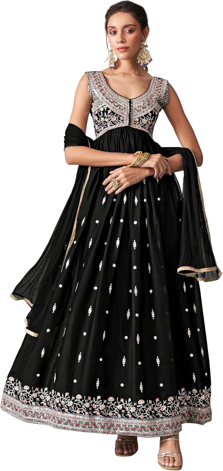 TRENDMALLS Women's Art Silk Embroidery Work Anarkali Kurta Pant with Dupatta Set For Women