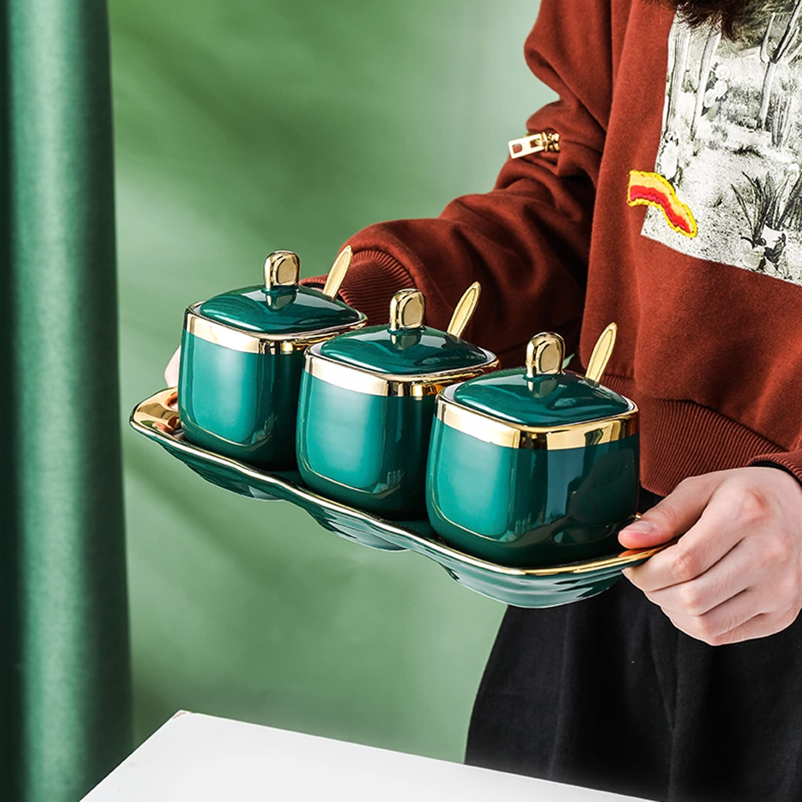 Pots à épices en céramique avec Bordure dorée, Pots à Condiments à Sucre et sel de Cuisine avec couvercles, cuillères et Plateau,Vert