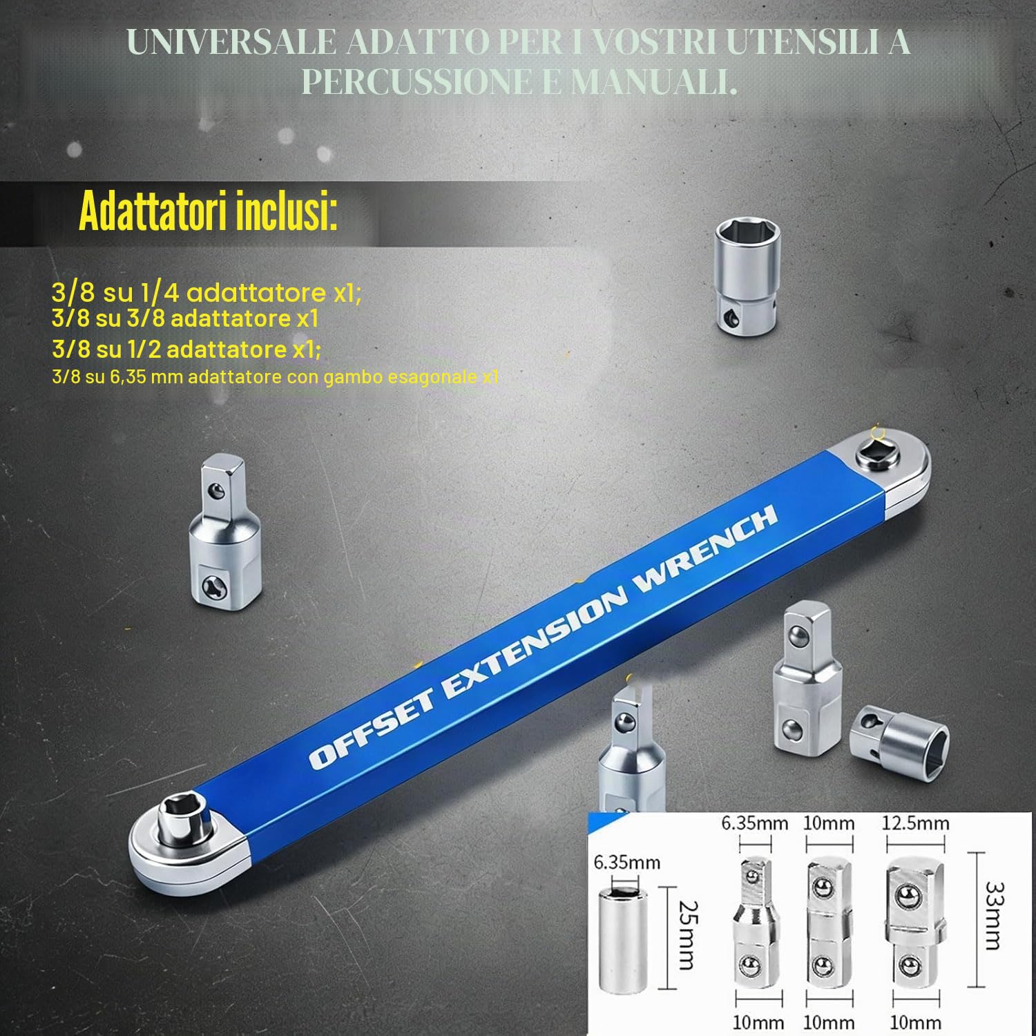 Chiave a Cricchetto con Prolunga Offset, 25/39cm Chiave a Cricchetto Offset, Set di Adattatori (1/2 pollici, 1/4 pollici, 3/8 pollici), ideale per spazi ristretti, riparazioni auto e progetti
