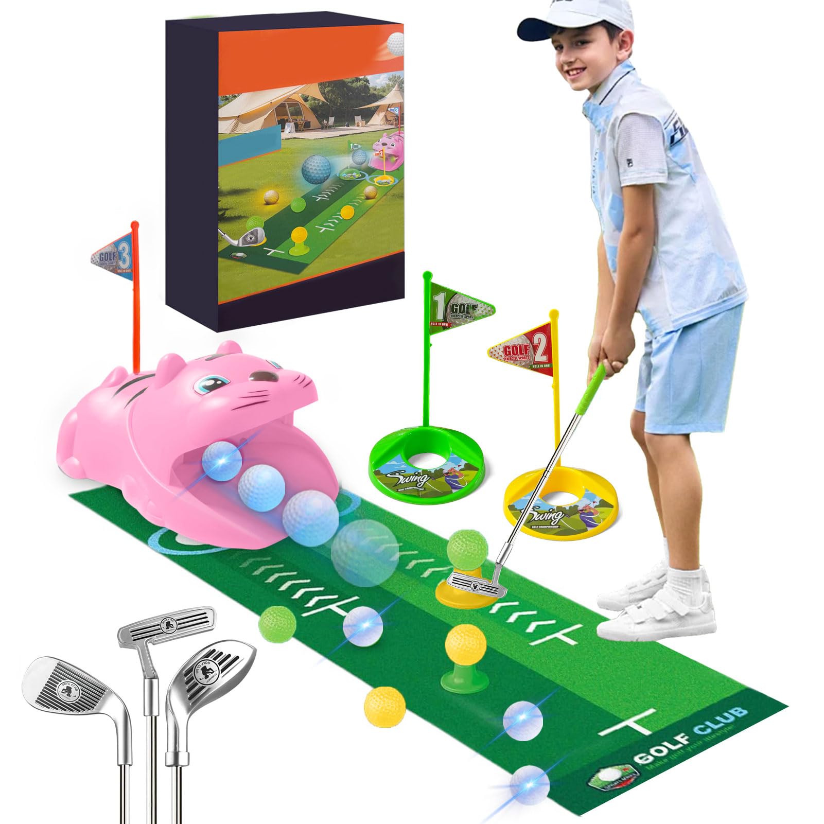 Lot de 18 Mini Golf pour Enfants, Golf Enfant Intérieur Extérieur, 3 Clubs Colorés, 8 Balles, Tapis de Putting Rose
