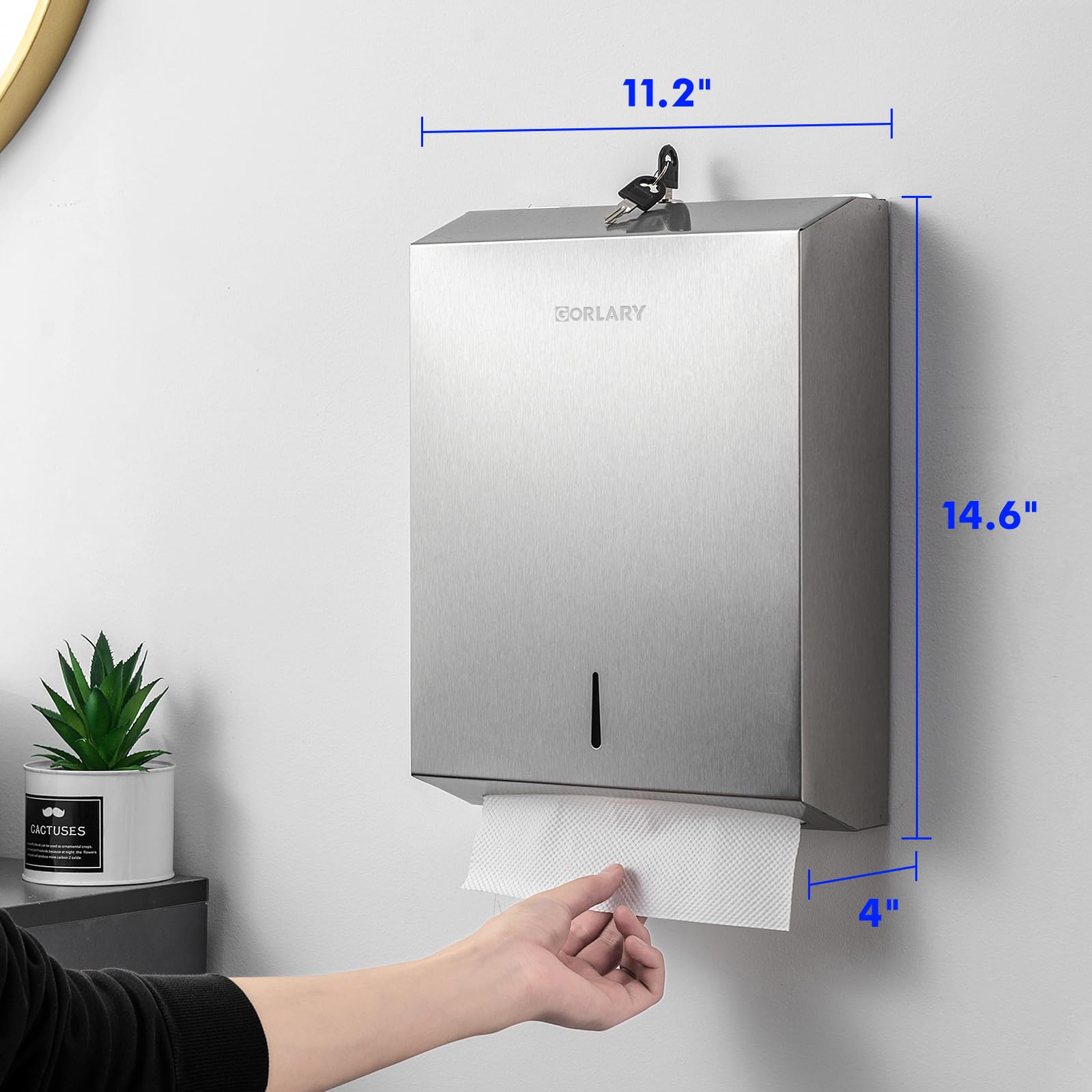 Gorlary 2 paquetes de dispensador de toallas de papel para montaje en pared, comercial, dispensador de toallas de mano sin contacto con cerradura (acero inoxidable)