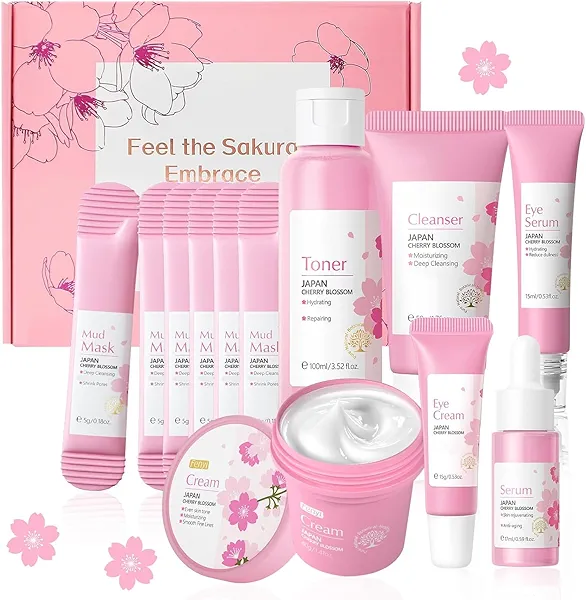 BeauBase Sakura Skin Care Set, Skin Care for Women Teens Girls, Beauty Skincare Gifts Sets, Skin Care Routine Kit for Women, Hydrate, Oil Control, Glow Up, Travel Size -7 PCS