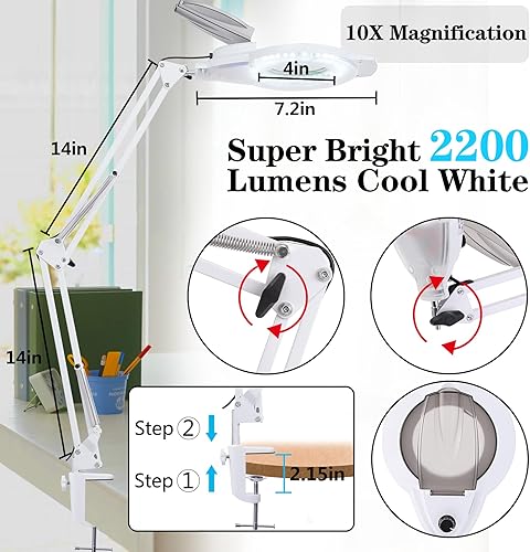 Vista 4 de Addie - Lámpara LED de lupa con abrazadera, 1200 lúmenes, intensidad regulable, espectro completo de luz de día súper brillante, lente de la lupa