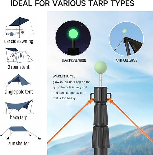 Miniatura 4 de SANLIKE Bastones de lona telescópicos para tienda, postes de aluminio de 96 pulgadas, poste extensible para toldo, refugio, camping, senderismo,