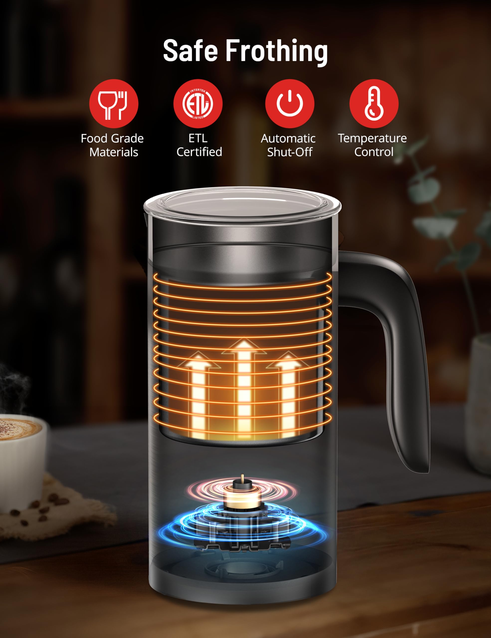 Espumador de leche, espumador de leche 4 en 1 con soporte, espumador de leche eléctrico y vaporizador de espuma caliente y fría, espumador de apagado automático para café con leche 6