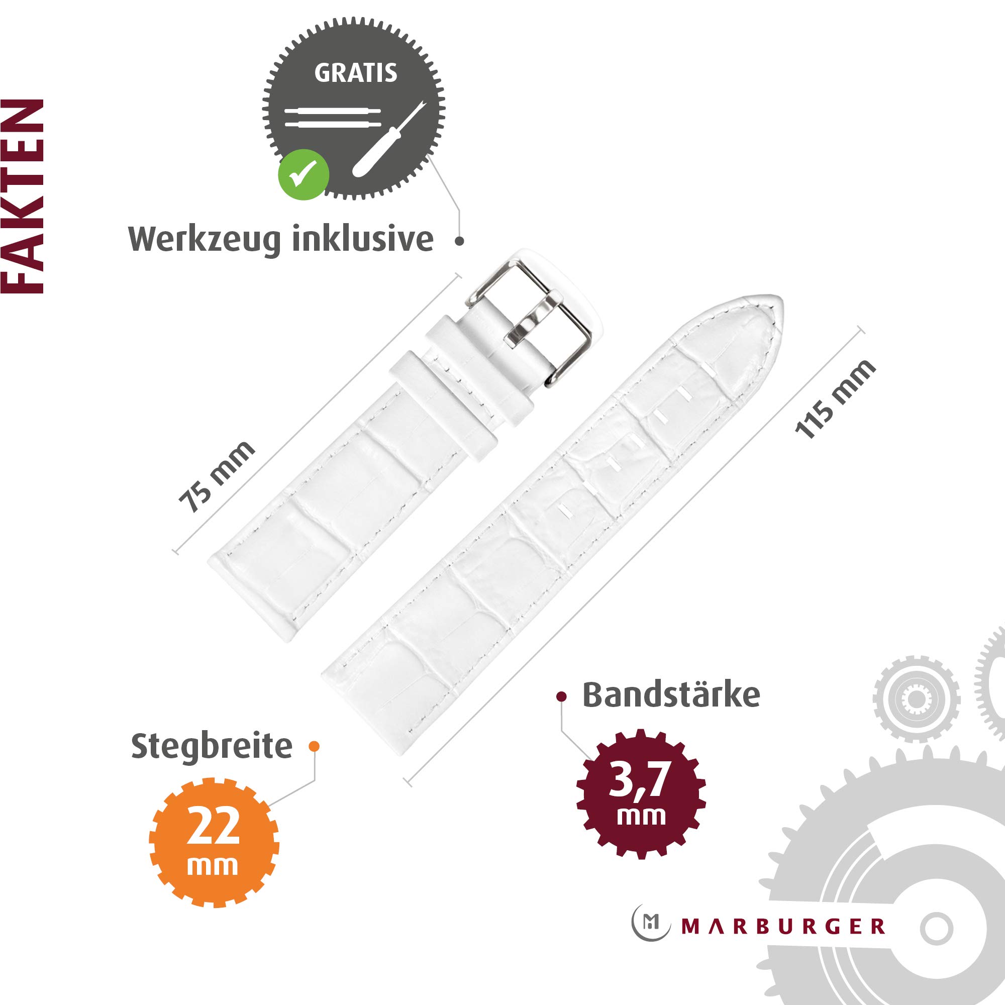 MARBURGER Uhrenarmband 22mm Leder Kroko Prägung - Werkzeug Montage Set 78922