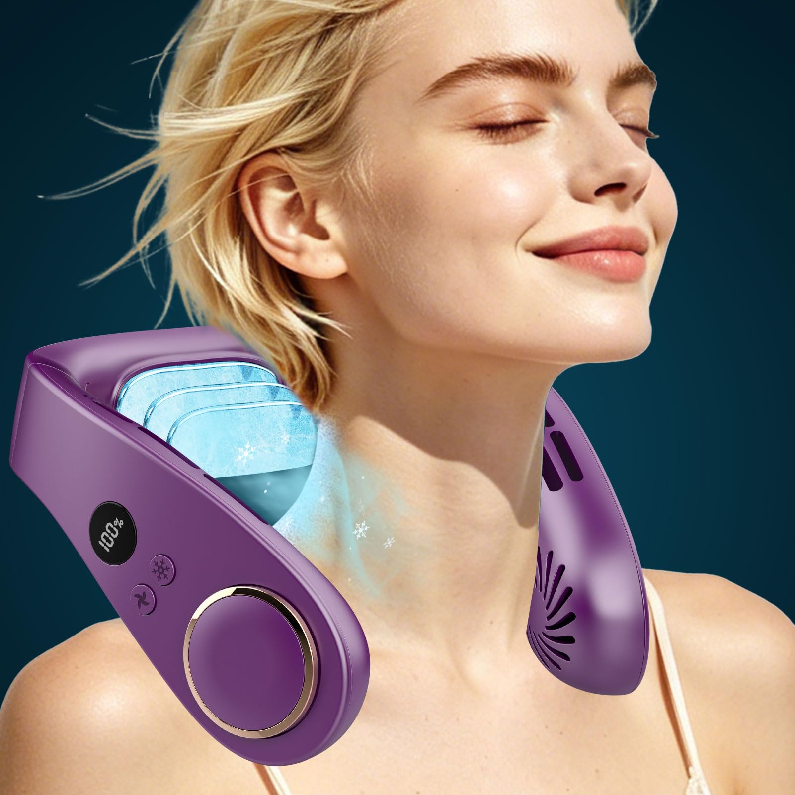 Ventilatore da Collo con Raffreddamento a 15°C, Ventilatore Collo Silenzioso con 5 Velocità e Batteria 5500mAh, Display LED, Autonomia 24 Ore Ricarica Rapida, per Outdoor, Sport, Ufficio e Viaggi