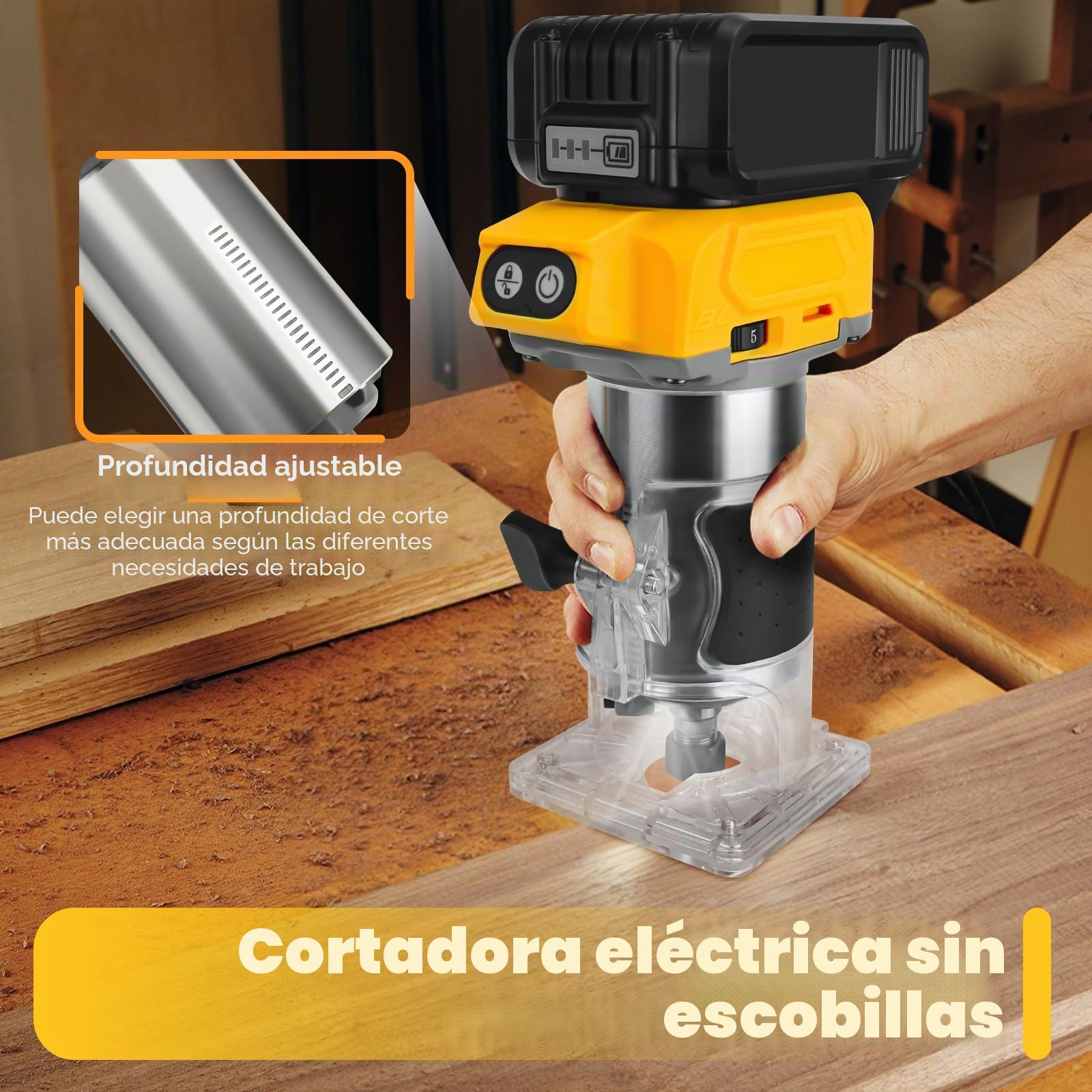 Fresadora con batería compatible con batería Dewalt de 20 V, 800 W, recortadora sin escobillas, router con 5 marchas, 30000 rpm, 5 unidades de 1/4 de cuello ranurado para carpintería, corte (sin