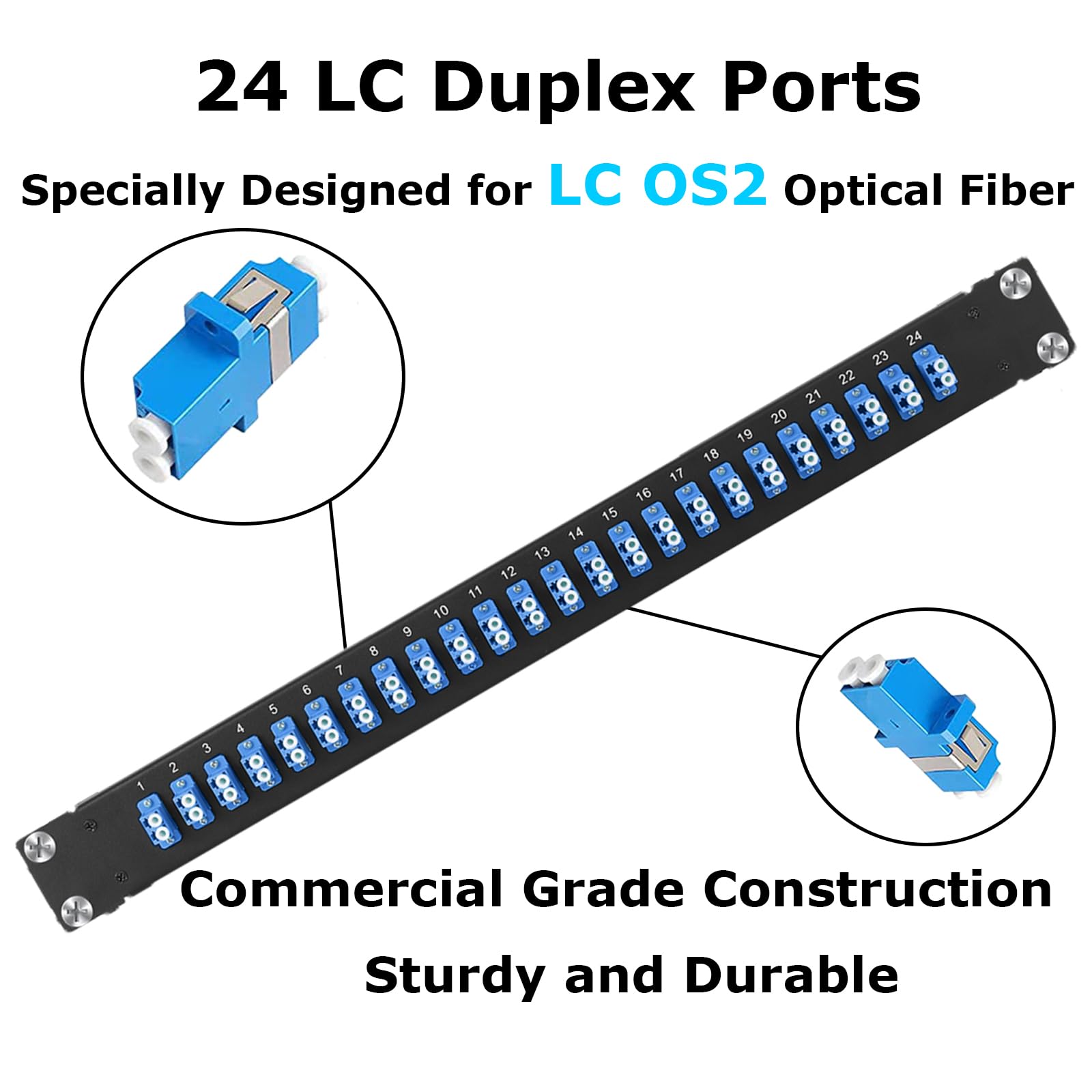 Panneau de brassage en fibre optique 1U avec 48 adaptateurs de fibre optique monomode LC OS2 connecteurs monomode pour racks standard de 48,3 cm, 1 pièce
