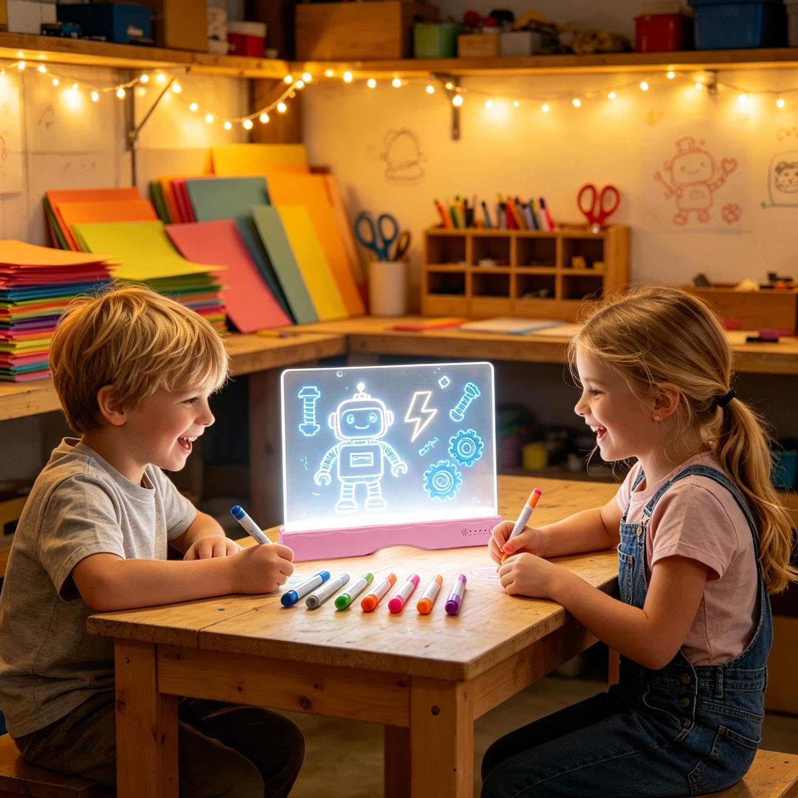 Pizarra de Dibujo Luminosa Tableta de Escritura Recargable con Rotuladores | Panel LED con 13 efectos Para Niños Y Niñas, Escuela, Aula, Hogar, Viaje, Coche Y Avión