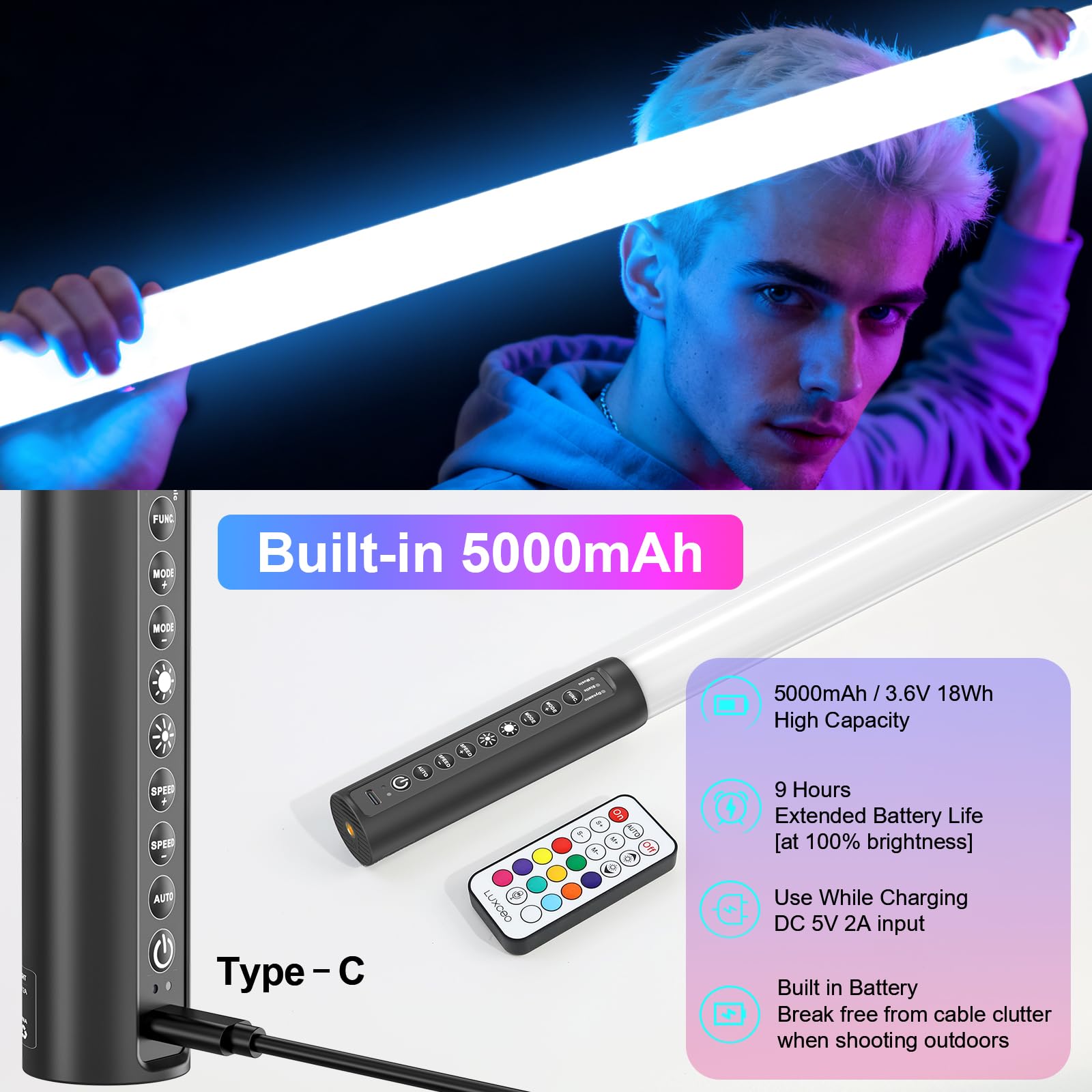 Lampe vidéo LED Portable, bâton Lumineux de Photographie LUXCEO Mood1, intensité Variable et mémoire, Batterie intégrée 2000 mAh, Lampe Photo RVB pour Youtube, TikTok, Jeu en Streaming (85 cm)