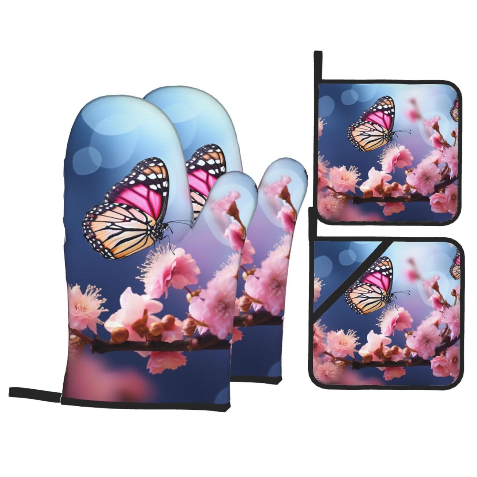 Lot de 4 gants de cuisine résistants à la chaleur et maniques à fleurs roses