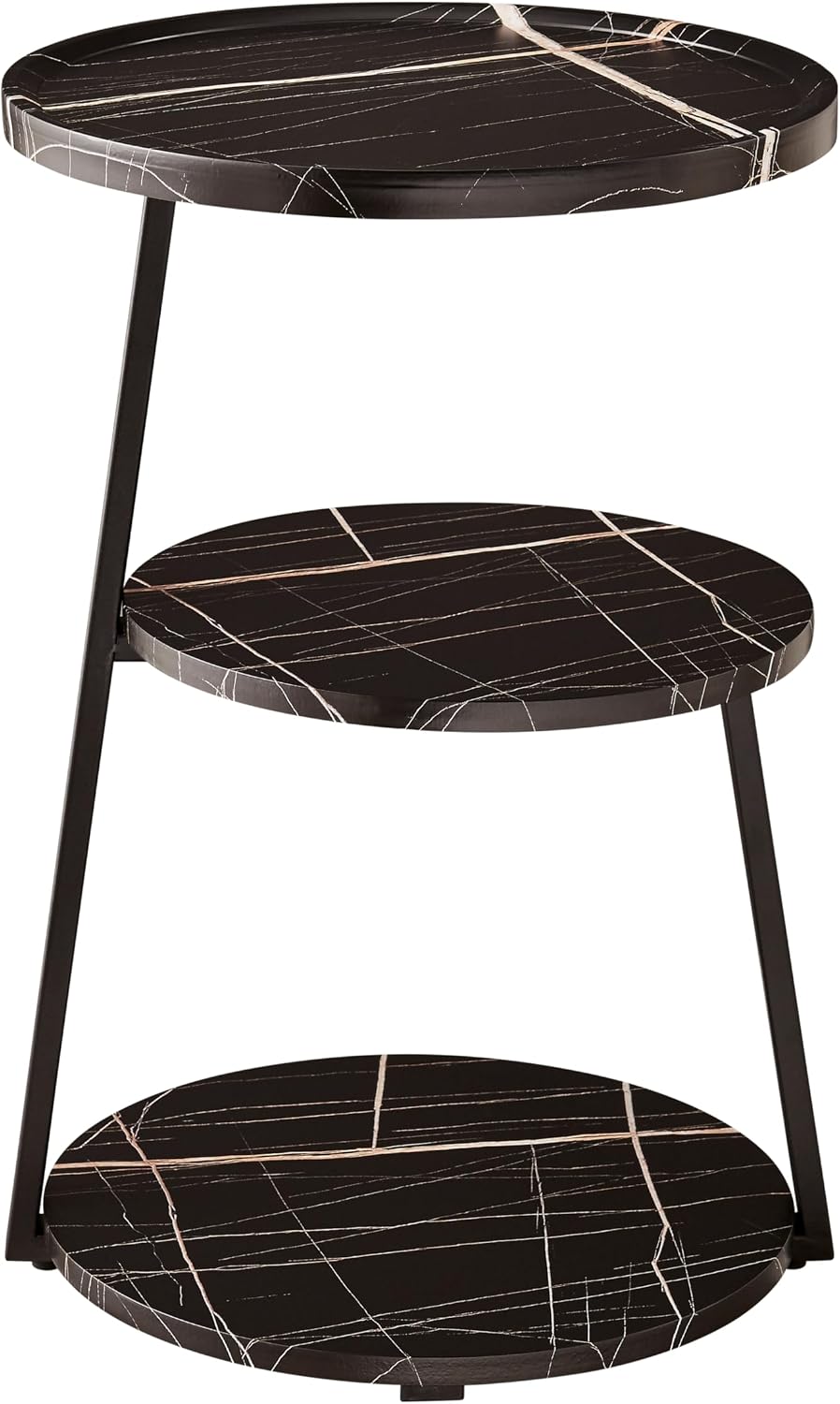 Skylar Round 3-Tier Side Accent Table with Raised Lip Edge Tabletop and Midcentury Modern Metal Asymmetric Pedestal Legs (Black Marble/Black)