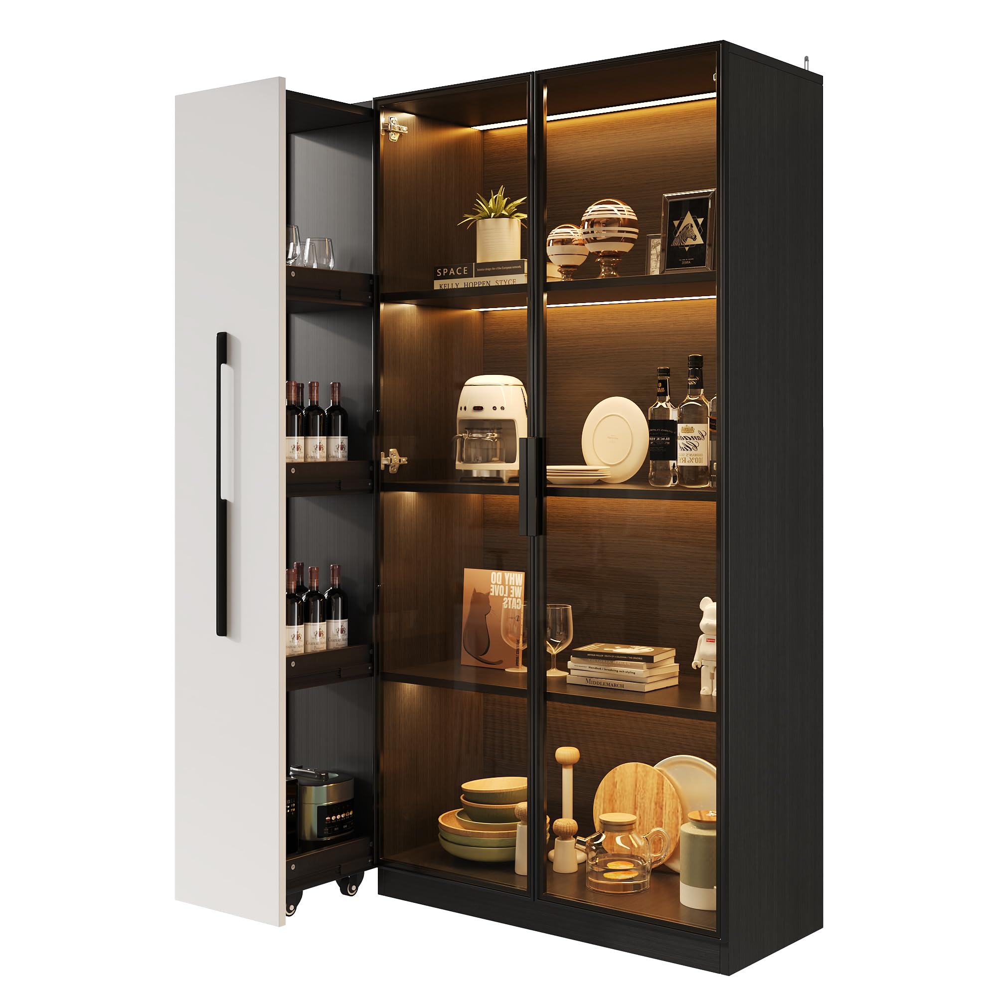 Multifunzionale Armadio 110,5×35×160 cm - Vetrinetta con Porta in Vetro e LED, Estrazione Laterale, Armadio a Ruote Bianco e Nero, Mobile Alto, Libreria, Armadio per Bagno, Credenza per (B)