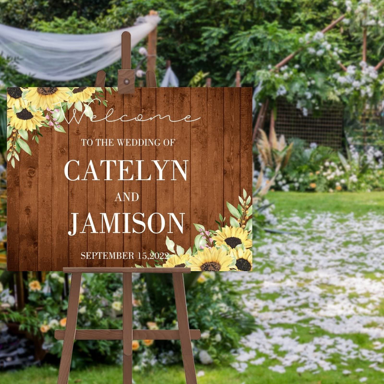Letrero de bienvenida de boda con diseño floral de girasol minimalista para recepción rústica