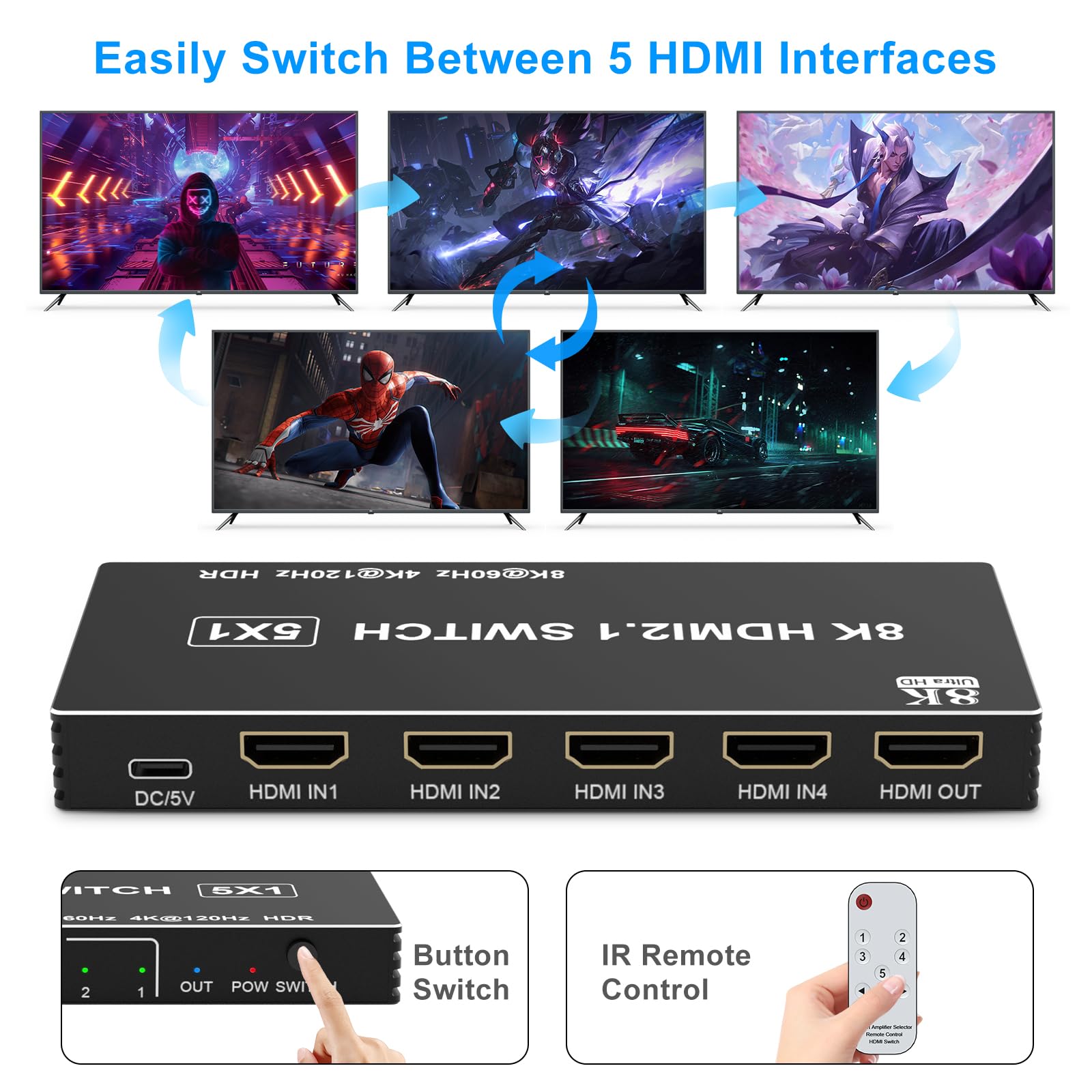 HDMI Switch 8K 5 en 1 Salida, Divisor HDMI de 5 Puertos Caja selectora de conmutador HDMI Compatible con 8K@60Hz 4K@120Hz, conmutador HDMI Compatible con PS 5/4 Xbox Roku TV Fire Stick PC