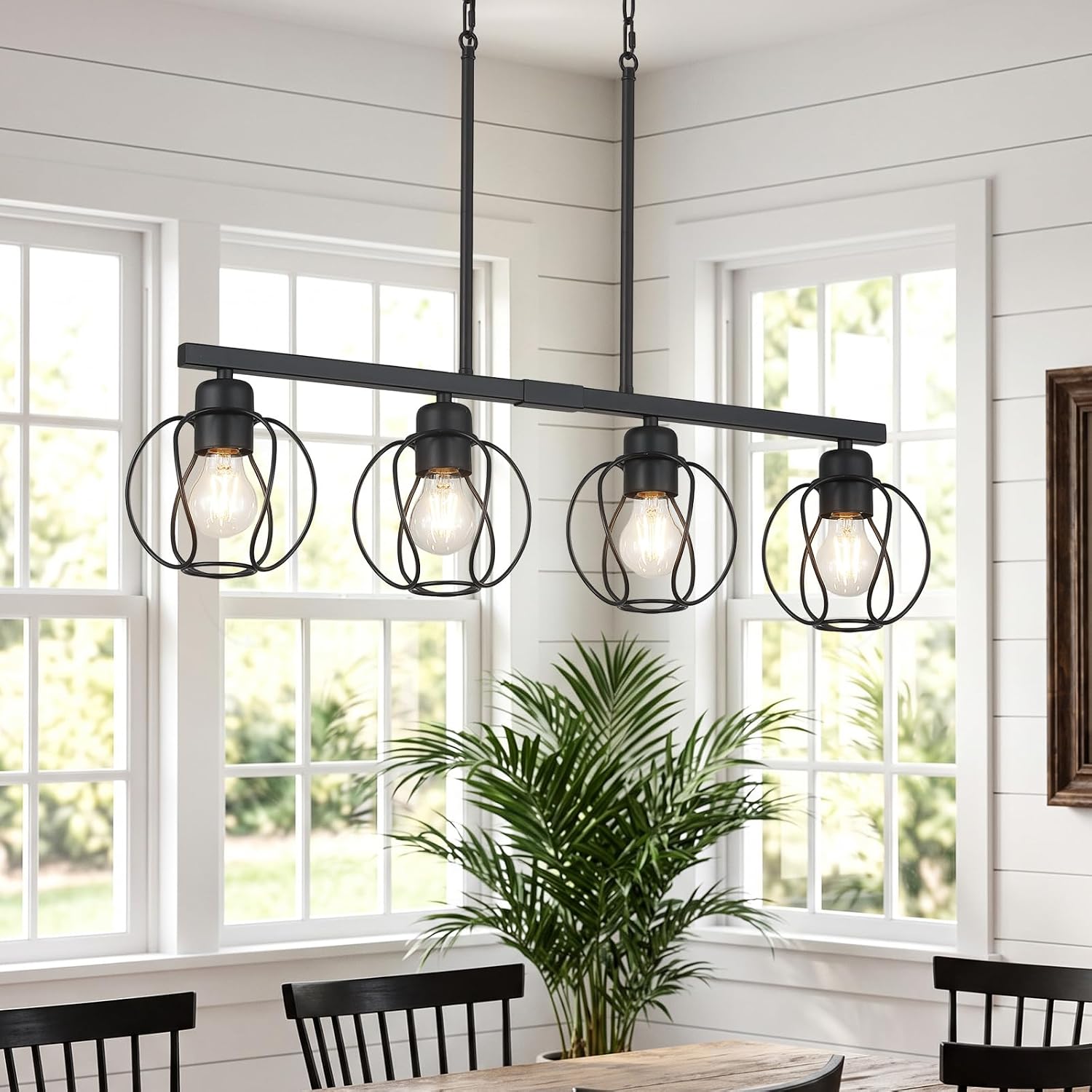 Dining Room Island Chandelier Light Fixtures, 4-Light Modern Matte Black with Cage Shade, Farmhouse Industrial Linear Pendant Light with Adjustable Chain for Kitchen Island, Living Room, Bedroom