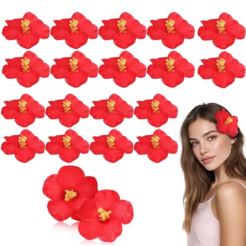 DOITOOL 20 Pcs Red Artificial Hibiscus Flowers, Fake Hawaiian Flowers
