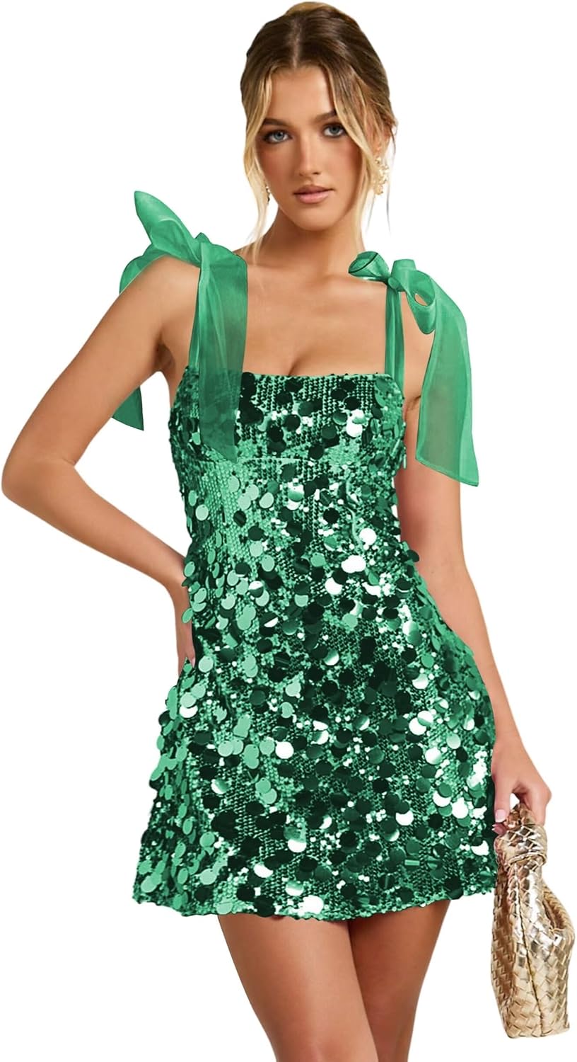 Fashionbride Sparkly Sequin Short Cocktail Dresses Mini Chrismas Party Dress with Bow Girls Birthday Club Dress AP14