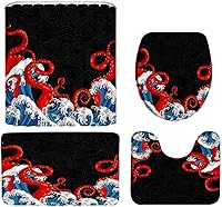 Vista 1 de Juego de 4 cortinas de ducha náuticas de pulpo, tentáculos Kraken rojos, vida marina marina con alfombras antideslizantes, cubierta de tapa