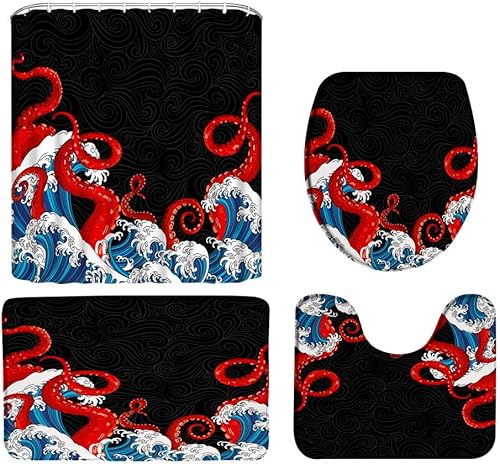 Juego de 4 cortinas de ducha náuticas de pulpo, tentáculos Kraken rojos, vida marina marina con alfombras antideslizantes, cubierta de tapa de