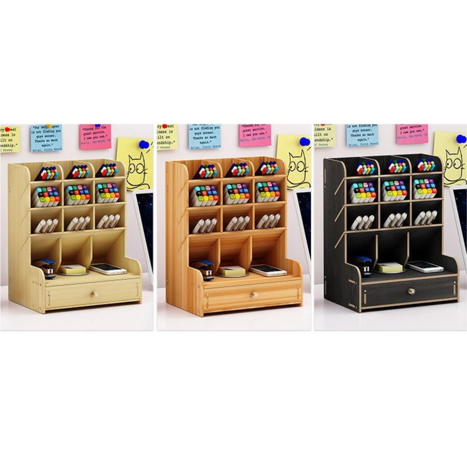 Organiseur De Bureau En Bois Multifonction Avec Tiroir Pour Maison, Bureau Ou École Cerisier