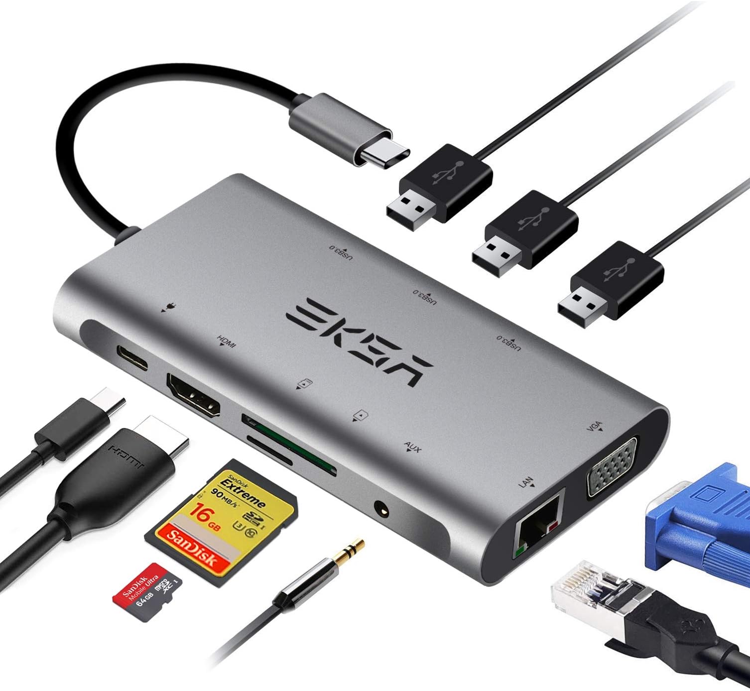 EKSA USB C Hub Adapter, EKSA 10 in 1 USB Type C Adapter Dock with 3 USB 3.0 Port, 4K HDMI, 1080P VGA, RJ45 Gigabit Ethernet, 3.5mm Audio Output, SD/TF Card Reader and USB Type-C PD Charger，Gray