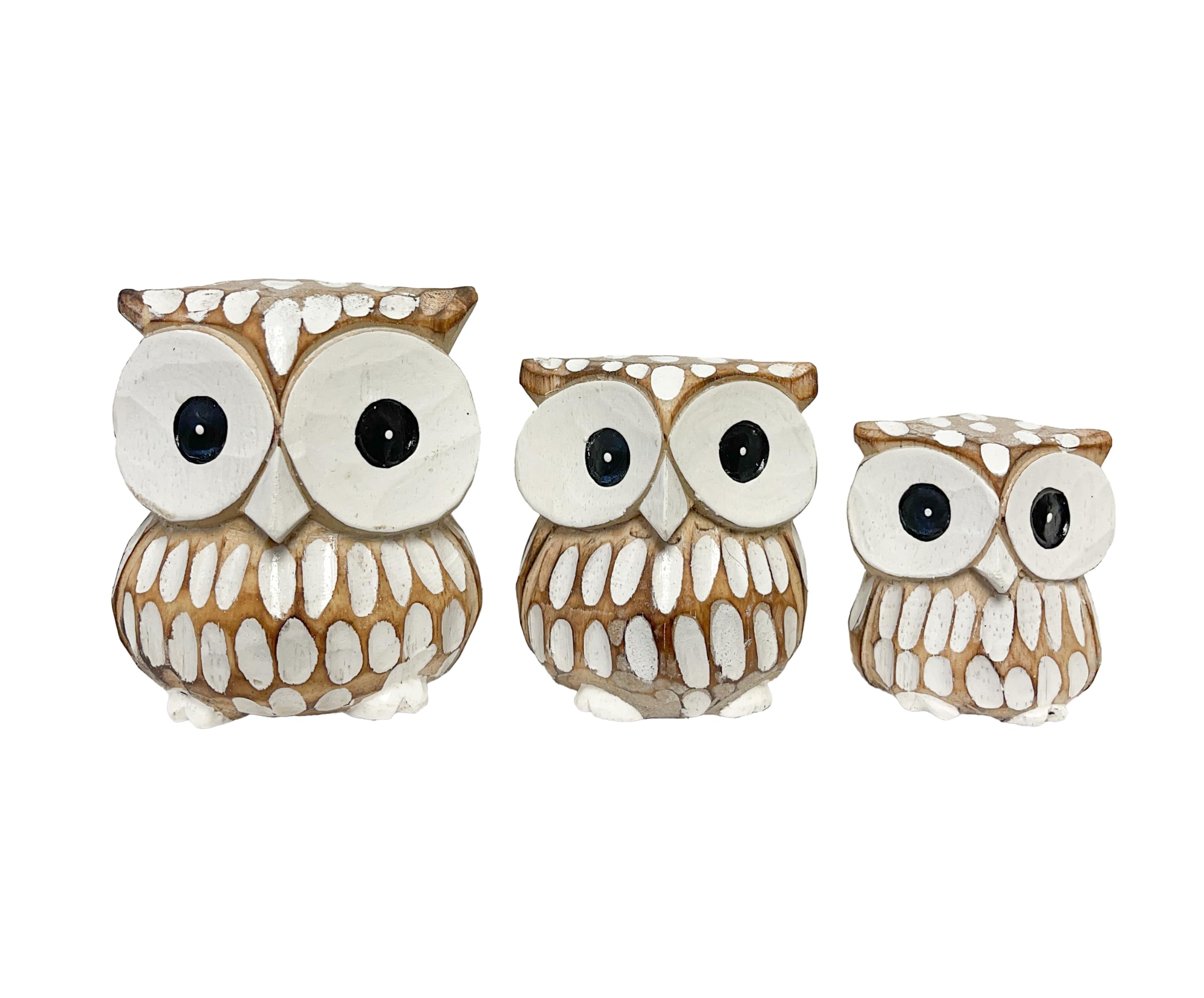 My Family House Set of Three Wooden Owls Natural Brown & White Handmade Fairtrade Wood Ornaments Home Decor Carving Ornament