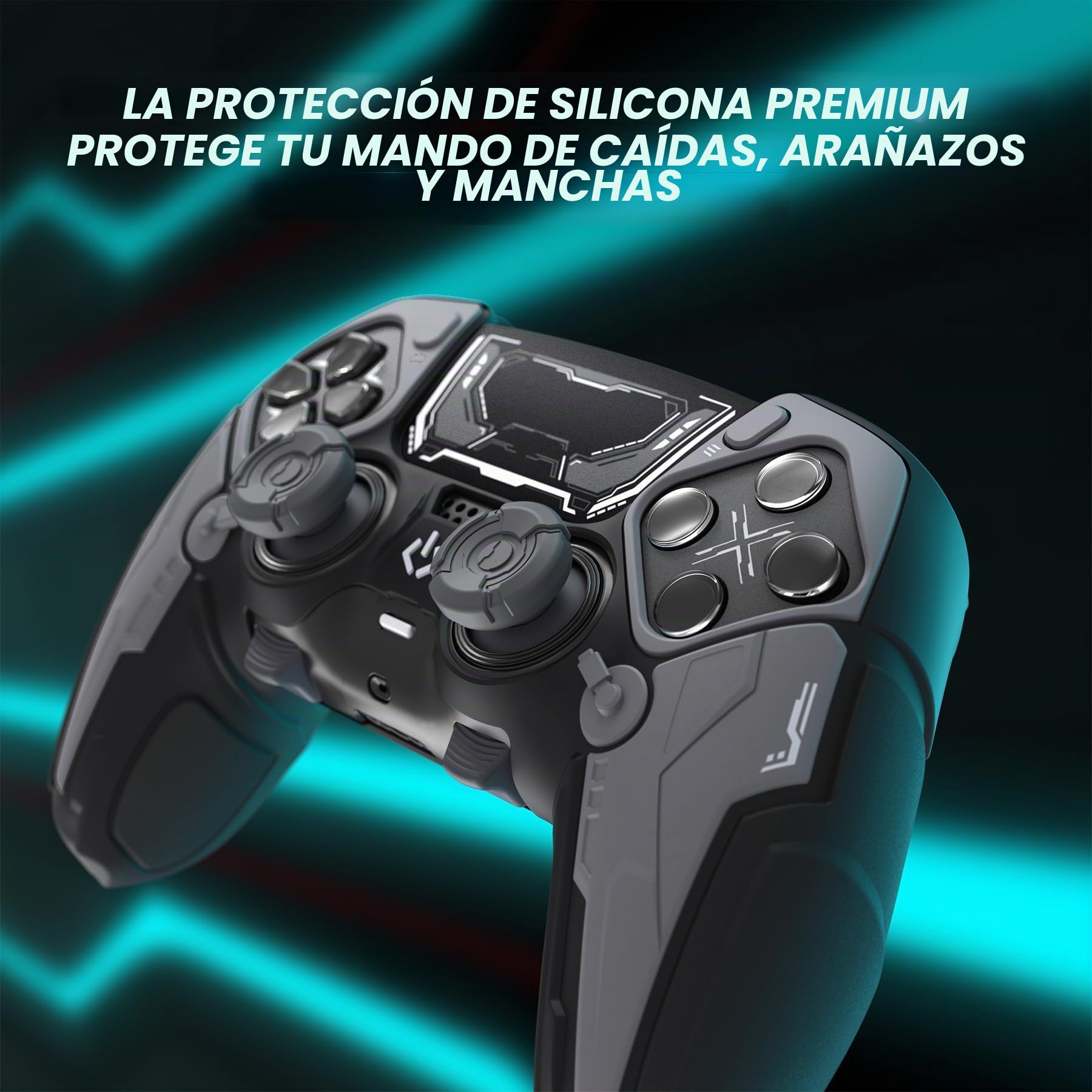 PlayVital Funda de Silicona para ps5 Edge Mando - Carcasa Protectora Antideslizante con Tapas para Joystick y Pegatinas Decorativas - Stellar Mecha (Negro & Gris Gunmetal)