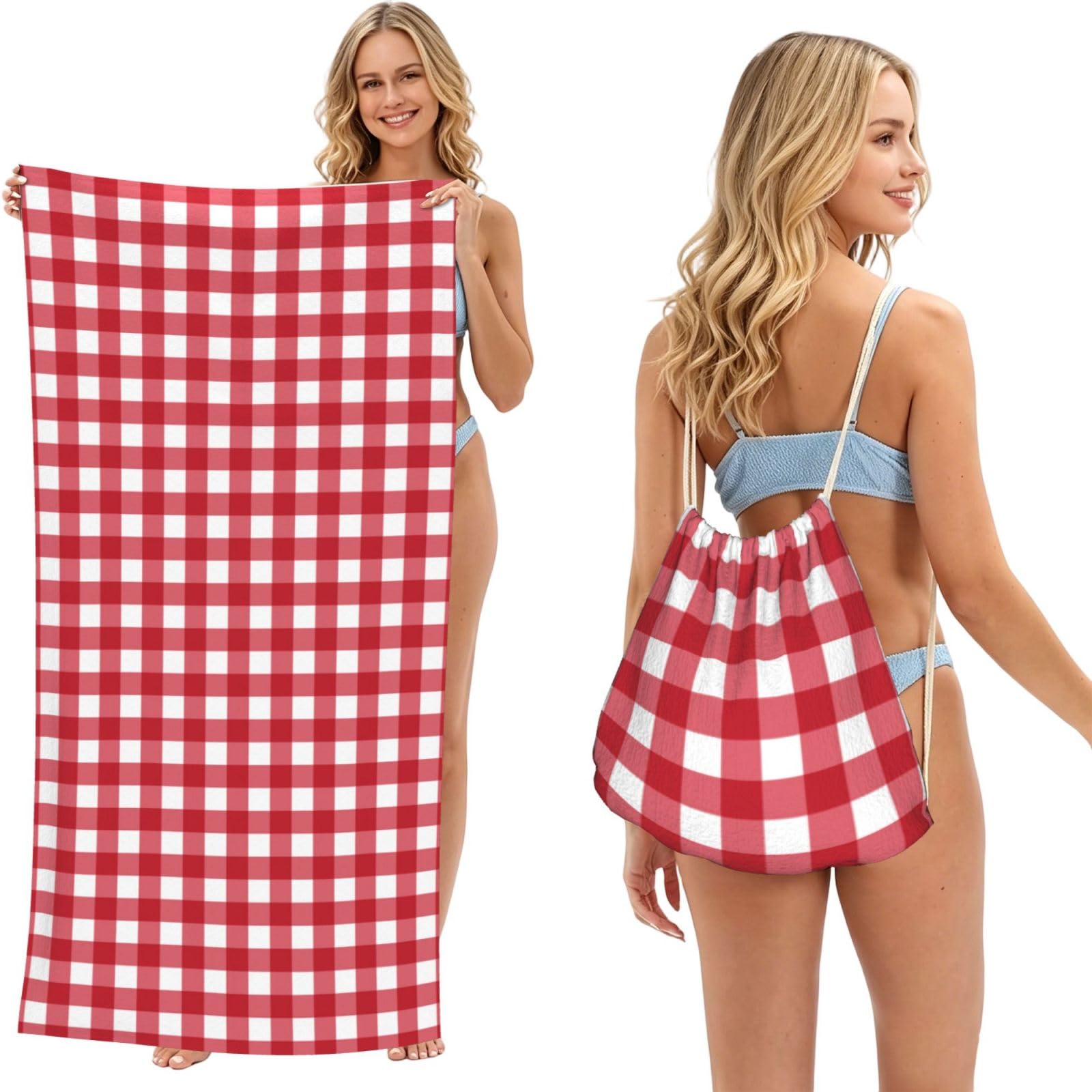 Poadnly As Picture Red Plaid Checkered Abstract, 2 In 1 Packable Towel Bag, Beach Towels With Drawstring Backpack For Travel Holiday Camping