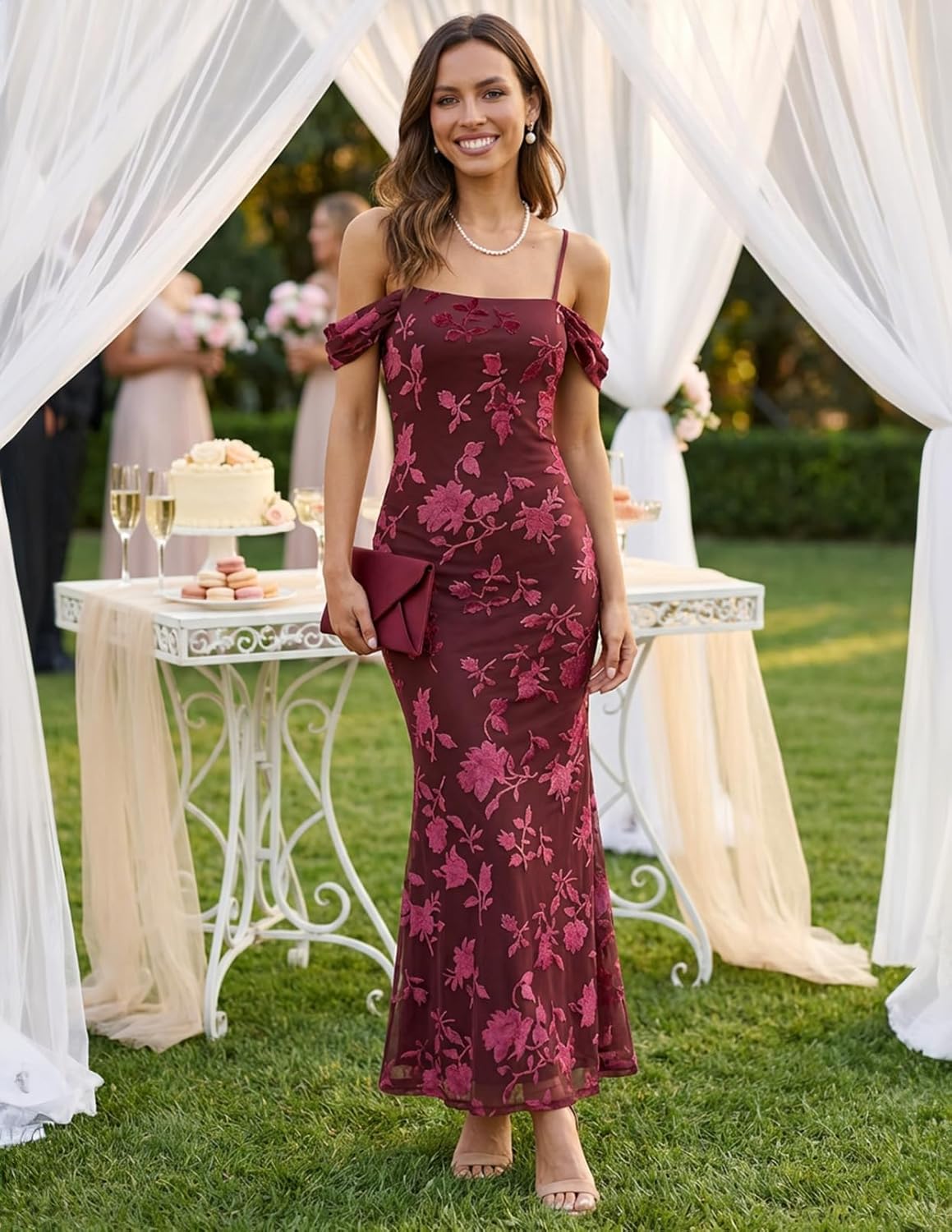 MEROKEETY Women's 2026 Summer Off The Shoulder Spaghetti Strap Floral Mesh Wedding Guest Cocktail Formal Party Maxi Dresses - Image 3