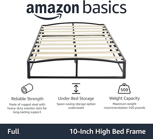 Miniatura 3 de Amazon Basics Metal Platform Bed Frame, with Wood Slat Support, 10 inches High, Full, Black