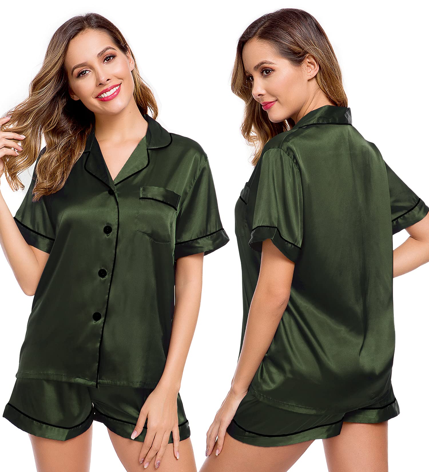 LecGee Womens Silk Satin Pajamas Short Sleeve Loungewear Two-Piece Sleepwear Button-Down Pj Set