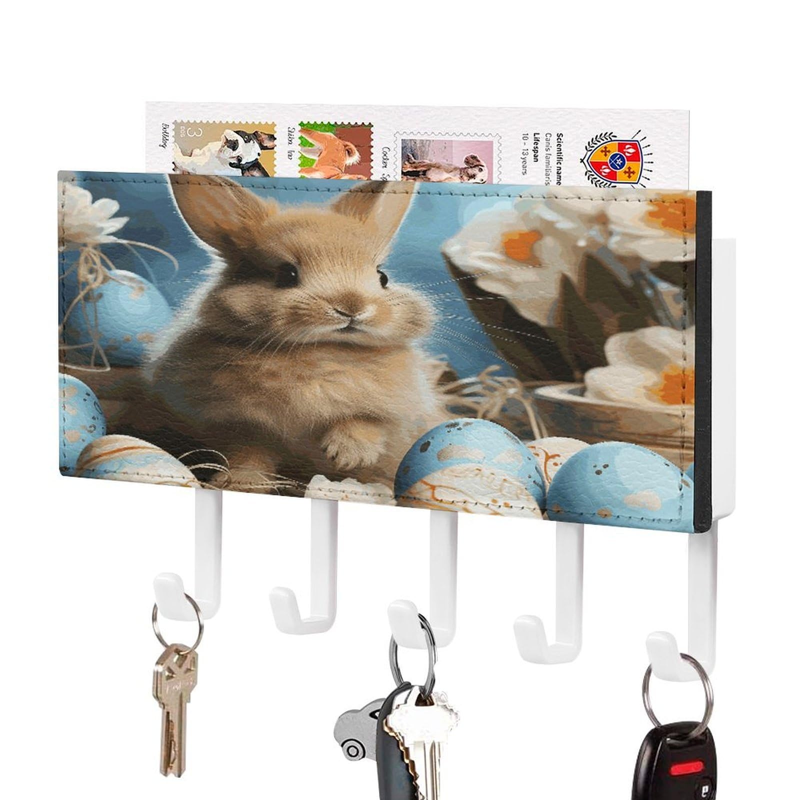 FekiLoot Cute Easter Eggs Rabbit Key Holder Wall Mount Key and Mail Holder Key Hanger with 5 Hooks Decorative PU Key Rack Hanging Key Hooks for Wall Living Room Kitchen Bathroom Hallway White-Style