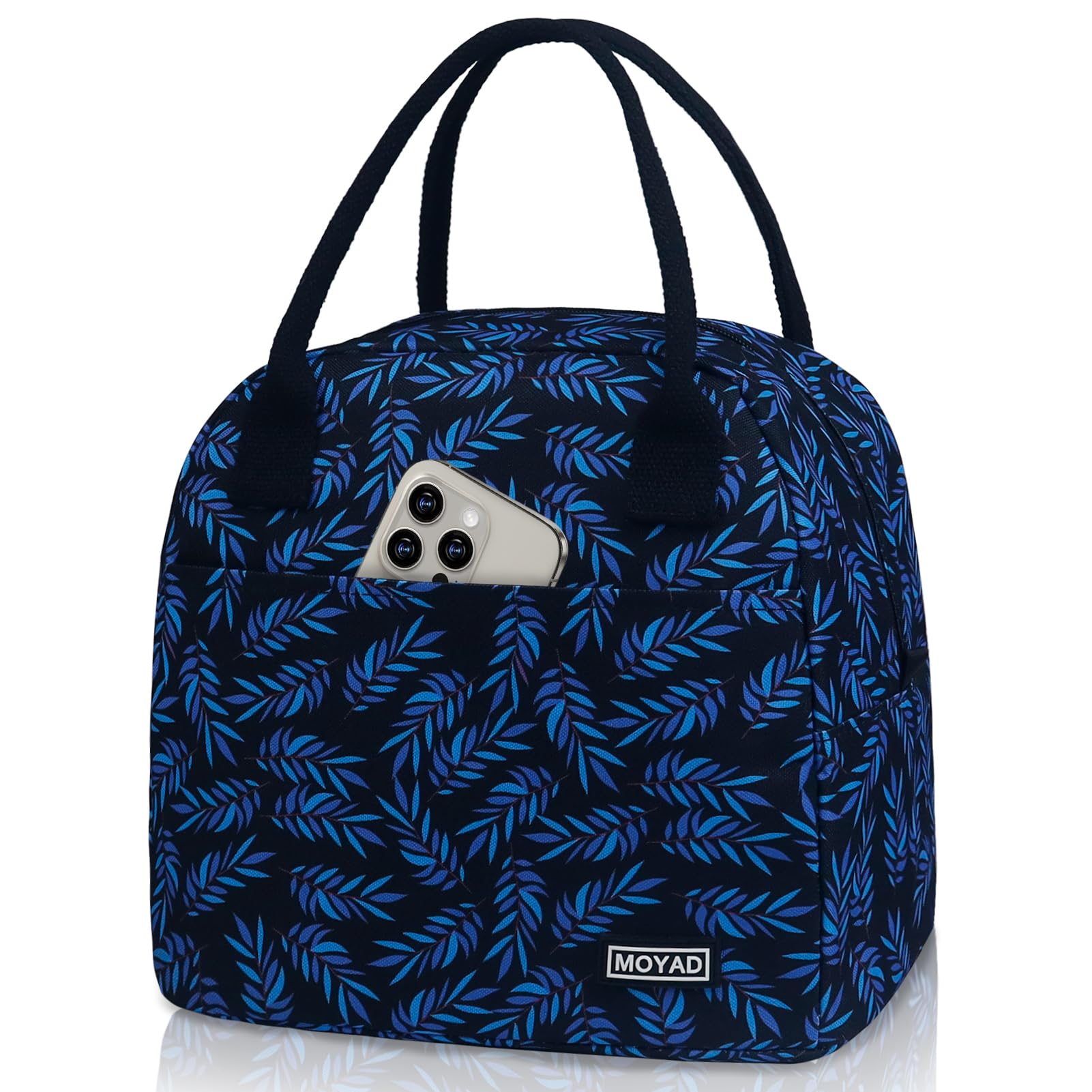 Moyad Insulated Lunch Bag for Women, 10L Reusable Portable Cooler Bag Tote Pack Water Resistant Lunch Box Adults Kids for Work School Travel Picnic, Feather Leaf Print & Black