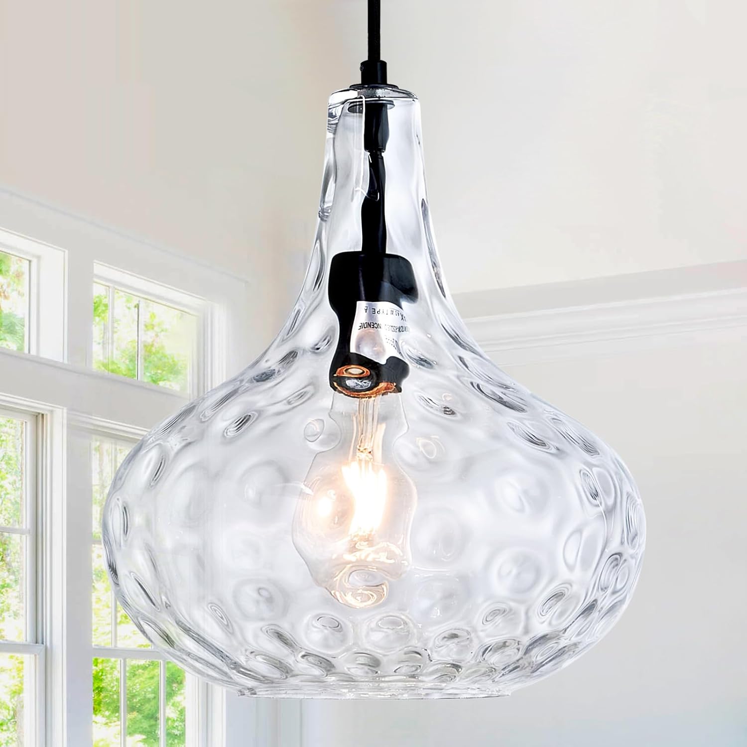 11" Blown Hammered Glass Pendant Light – Matte Black Ceiling Light for Kitchen Island, Dining Room, Hallway – E26 Base Hanging Fixture MatteBlack 11 inches