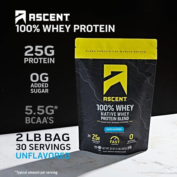 Ascent 100% Whey Protein Powder, Unflavored 2 lb & Creatine Monohydrate Powder, Unflavored 45 Servings
