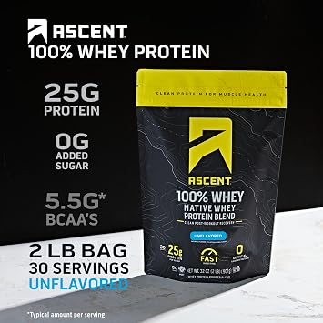 Ascent 100% Whey Protein Powder, Unflavored 2 lb & Creatine Monohydrate Powder, Unflavored 45 Servings